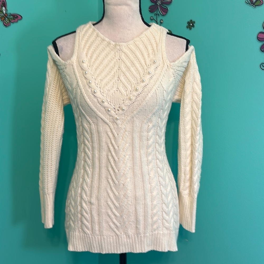 Embossed Peep cold Shoulder Pearl Embellished White Sweater